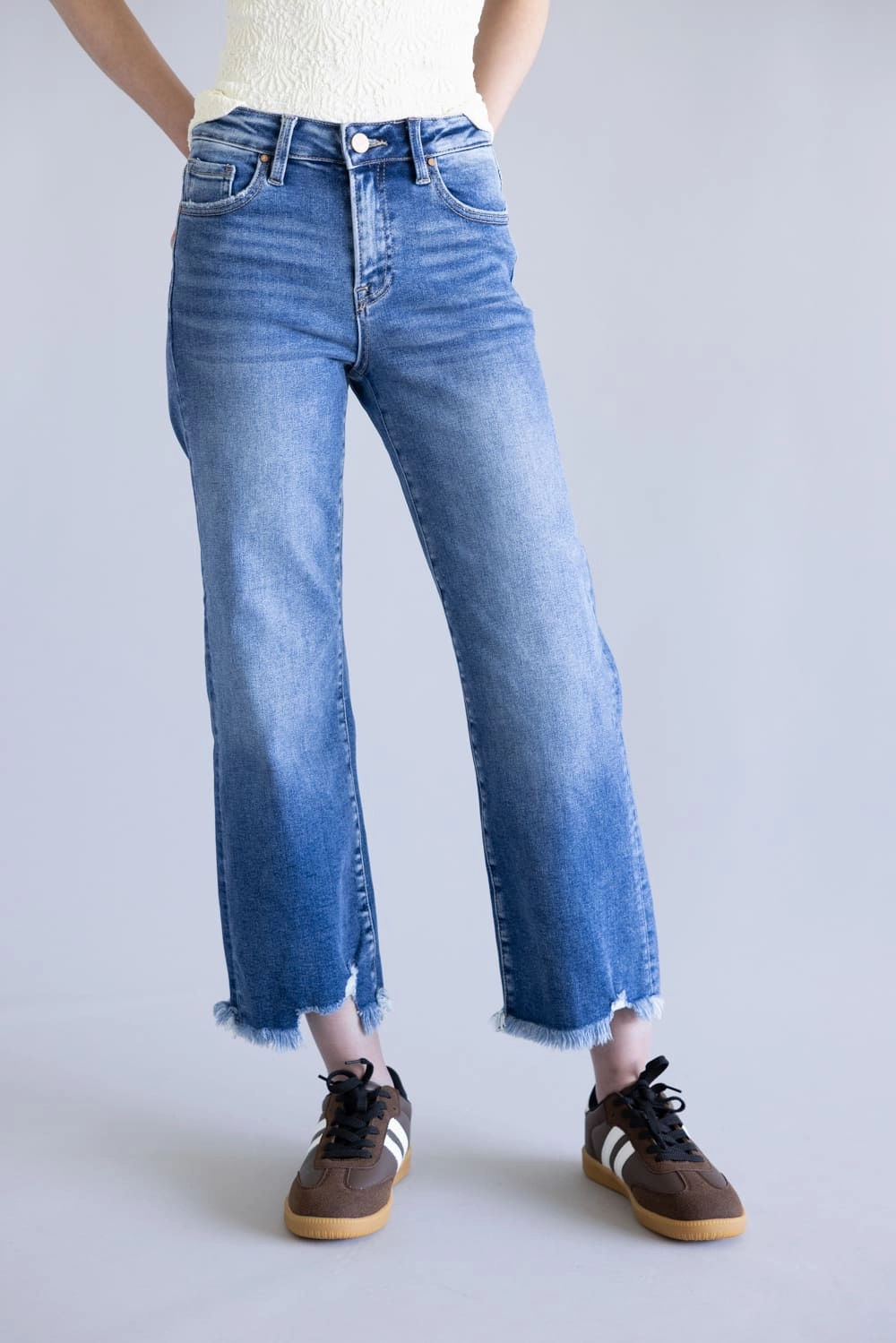 Risen Mid Rise Crop Straight Jeans for Women | PSC21137-DK Vintage Wash Neutral Vibrant Chill Outfit