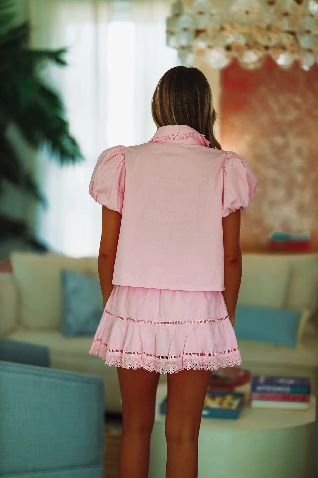 Asymmetrical hem Candied Raindrop Top and Skort Set - Pink