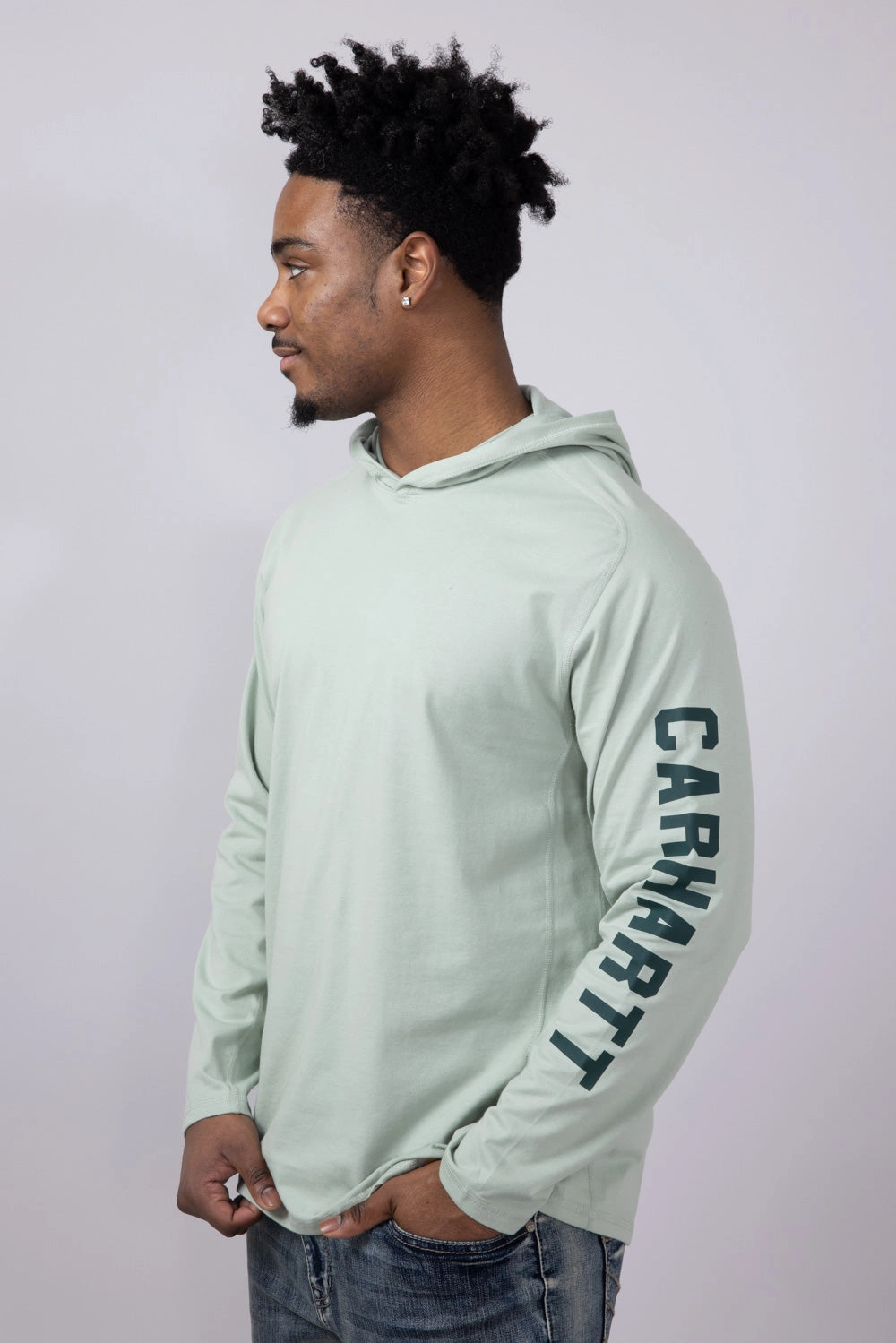 Carhartt Force Relaxed Fit Midweight Long Sleeve Logo Hooded T-Shirt for Men in Sage | 106654-G17-SAGE Beach Outfit Essential Layer