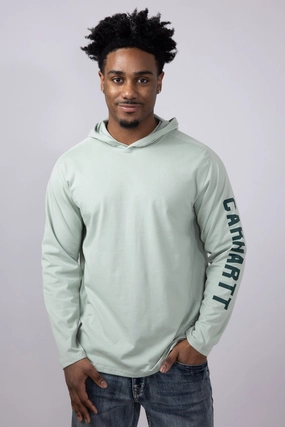Fashion-Forward Look Weekend Wardrobe Carhartt Force Relaxed Fit Midweight Long Sleeve Logo Hooded T-Shirt for Men in Sage | 106654-G17-SAGE