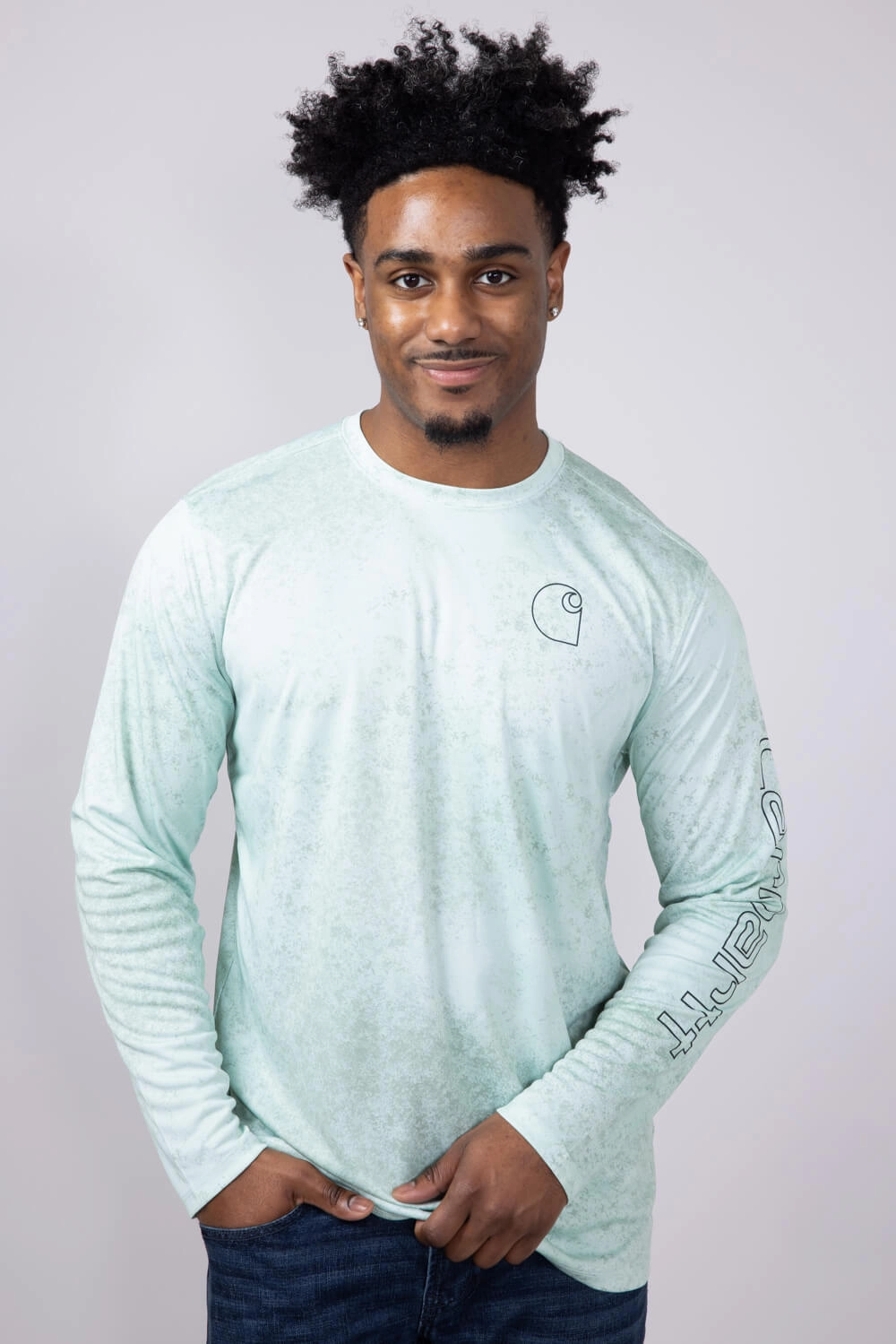 Ribbed Neckline Carhartt Force Sun Defender Lightweight Print Long Sleeve T-Shirt for Men in Green | 106779-HM9-SKY