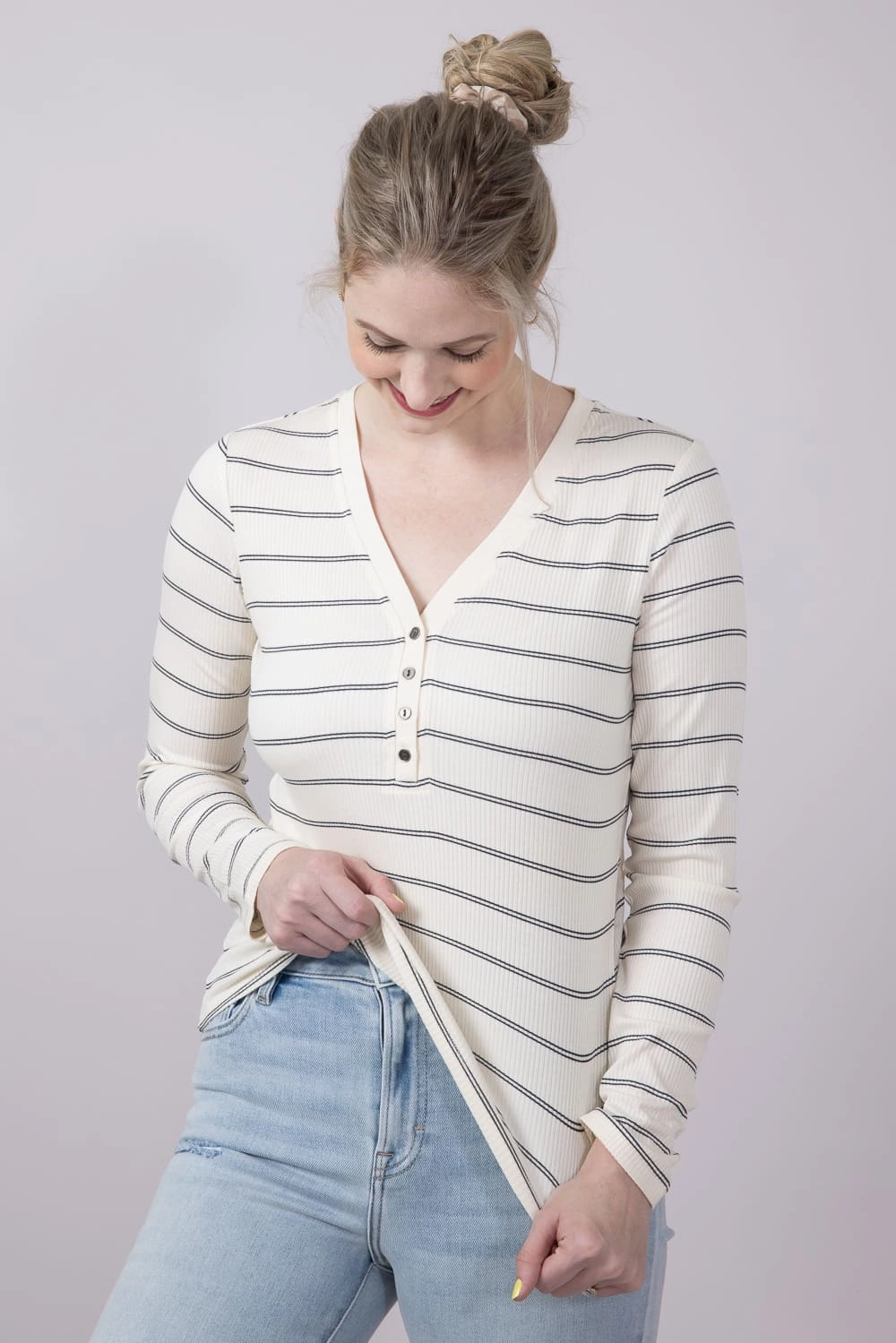 Thread & Supply Solara Stripe Shirt for Women in Off White | T4300RSTS-OFFWHITENAVY Recycled Polyester MicroPiqueKnit