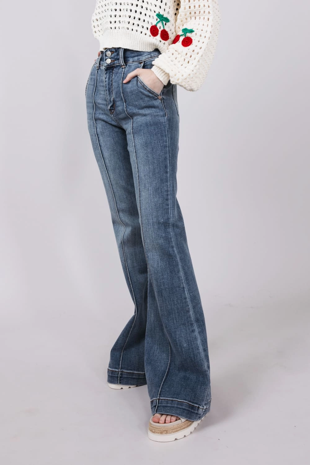 Comfort Wear Distressed Details Judy Blue High Rise Trouser Flare Jeans for Women | 82651REG