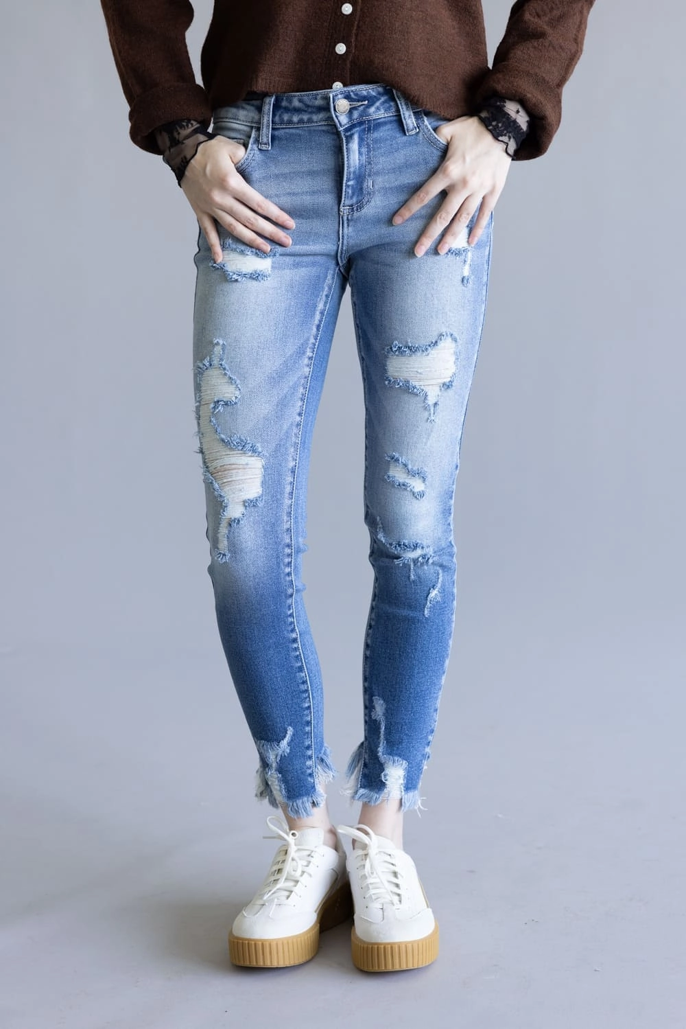 Cello Distressed Fray Ankle Cropped Skinny Jeans for Women | WV74422ML2 Vibrant Trendy Year Round Piece