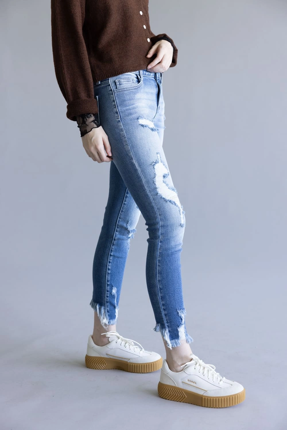 Cello Distressed Fray Ankle Cropped Skinny Jeans for Women | WV74422ML2 Festival Outfit Professional Wear