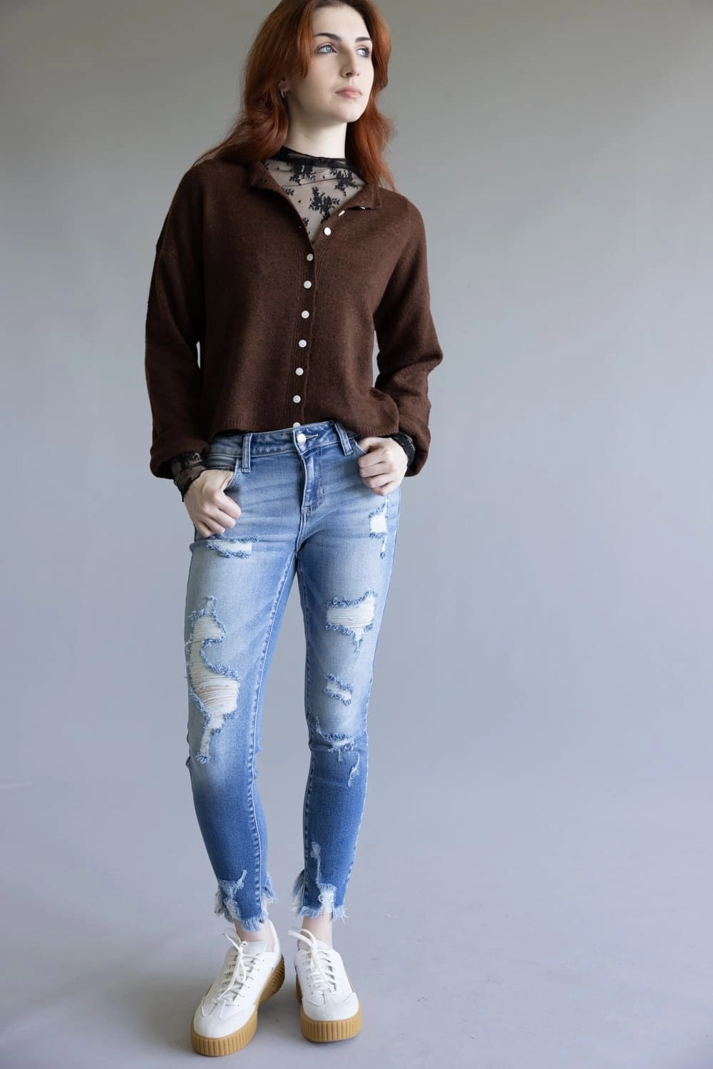 Fashion Lover Classic Wear Modern Minimalist Everyday Motion Cello Distressed Fray Ankle Cropped Skinny Jeans for Women | WV74422ML2