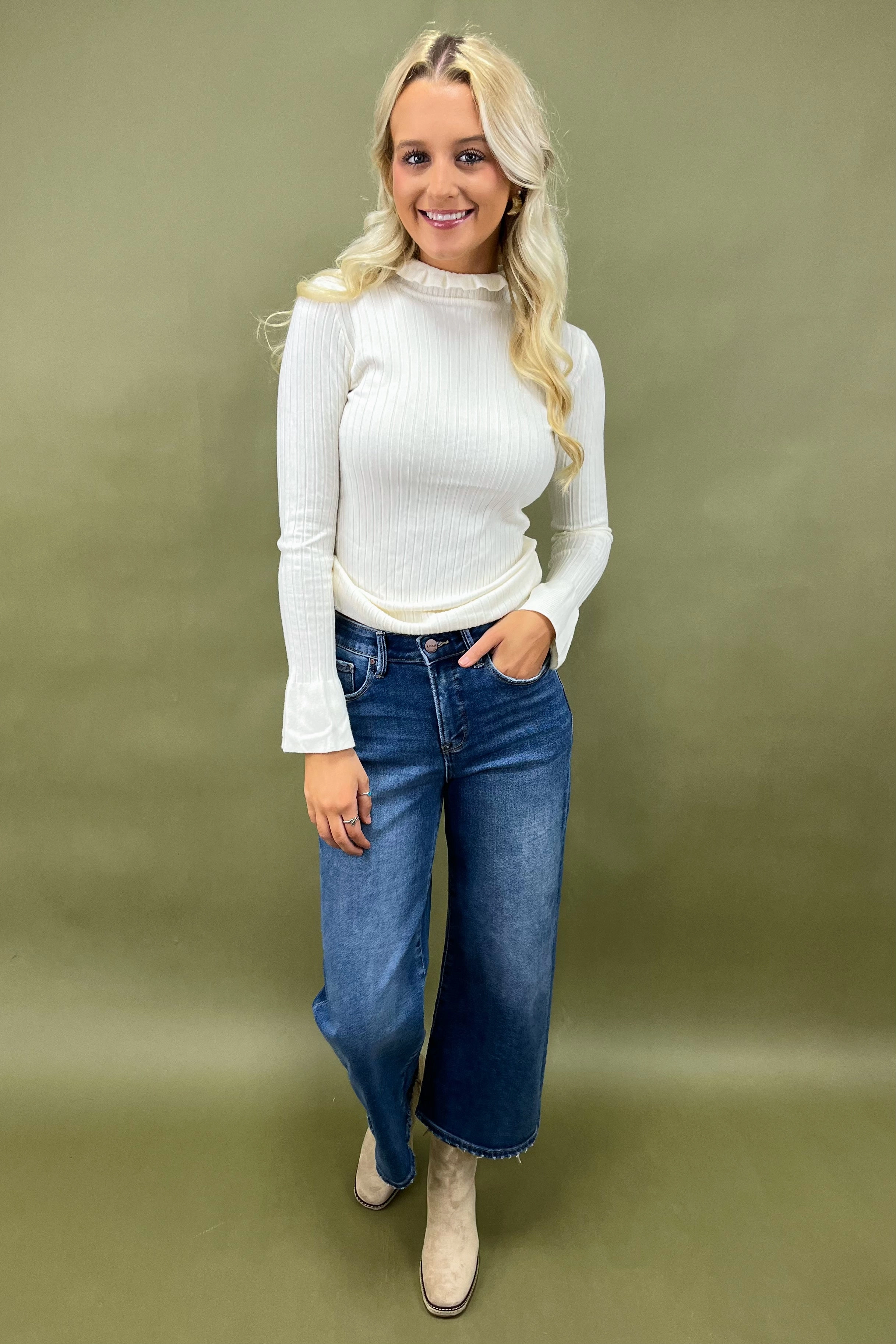 Whispering Ruffles Top *More Colors* Ribbed Collar Style