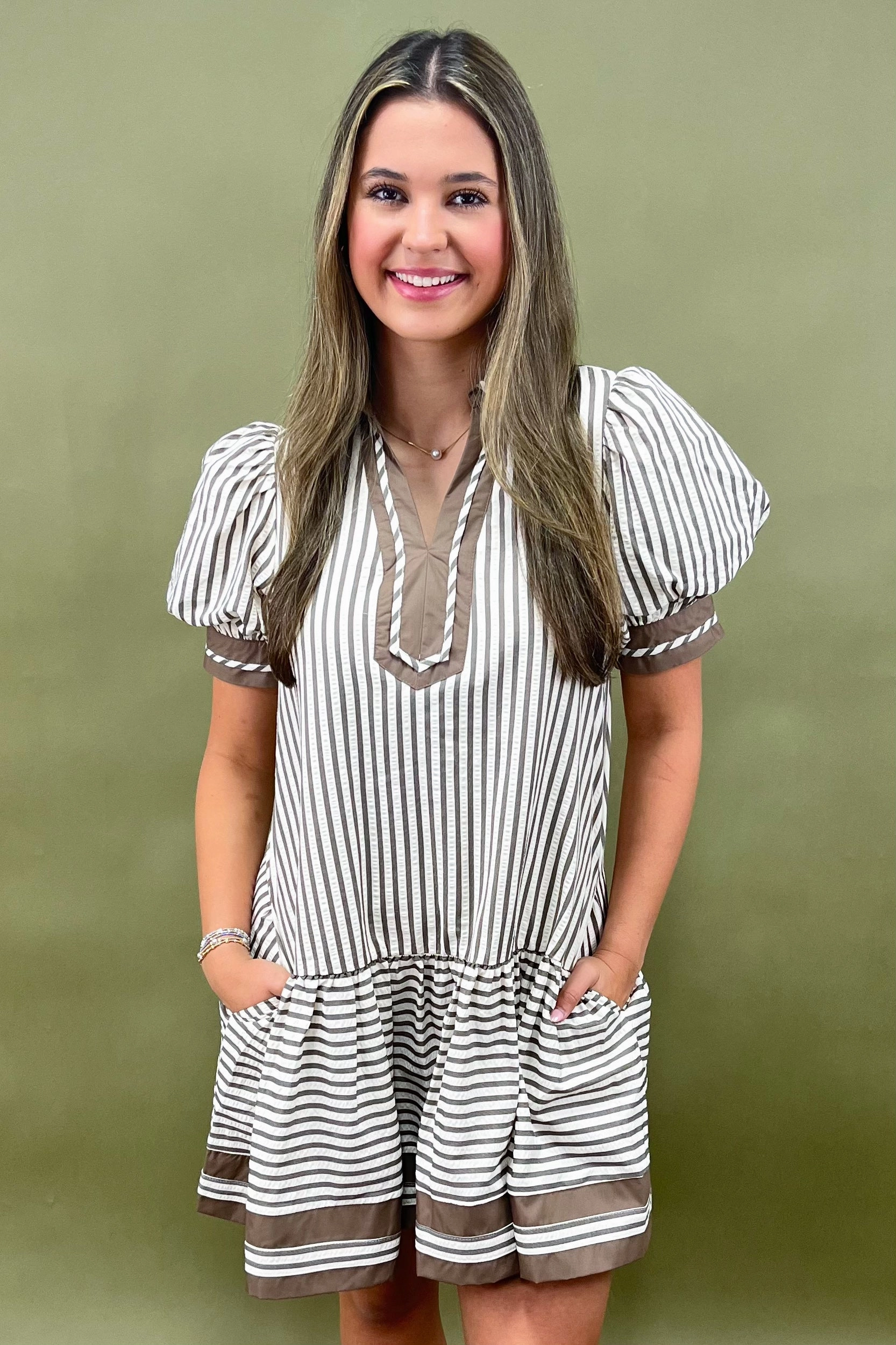 Chai Spice Striped Mini Dress Draped Layer