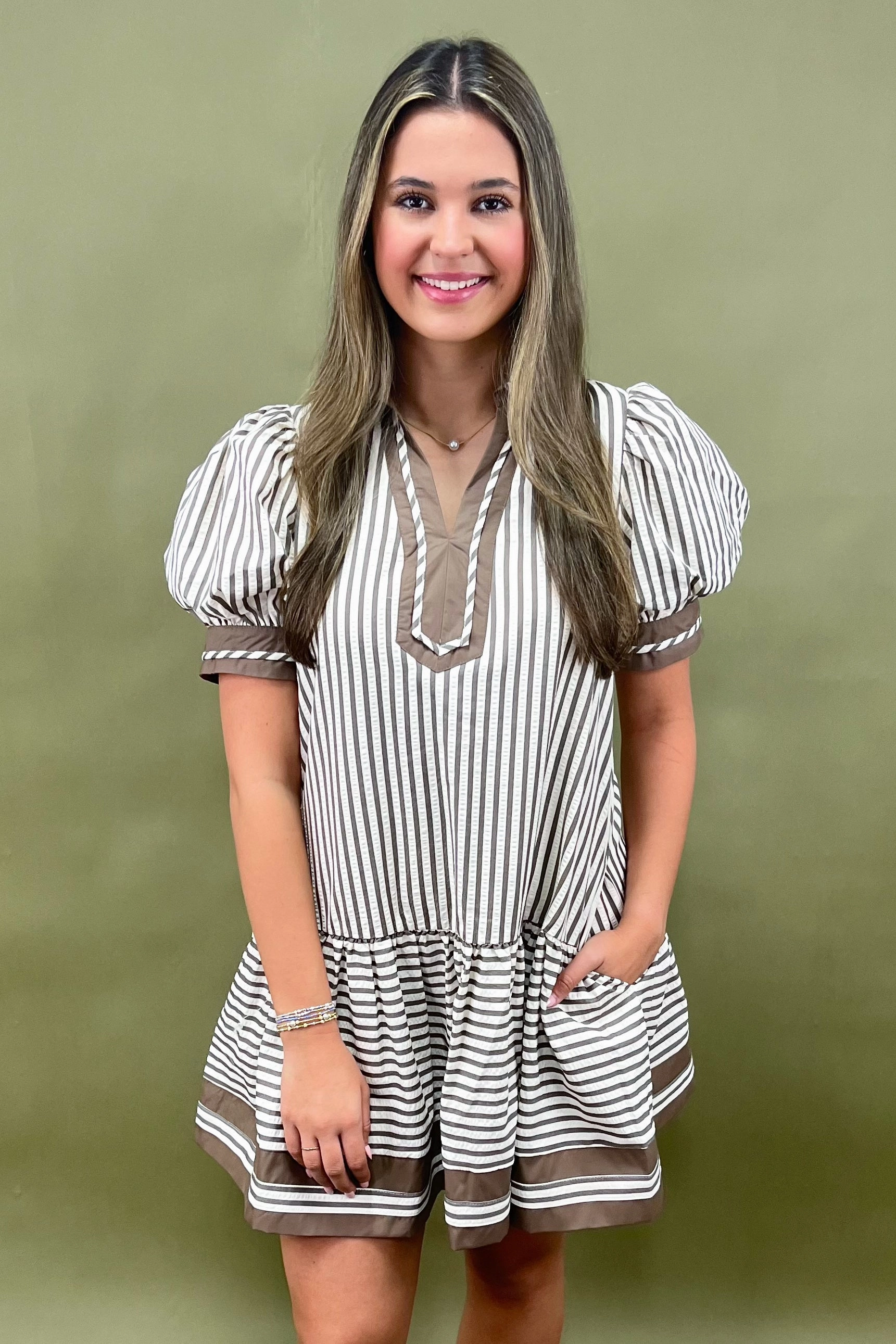 Chai Spice Striped Mini Dress Pose Glow