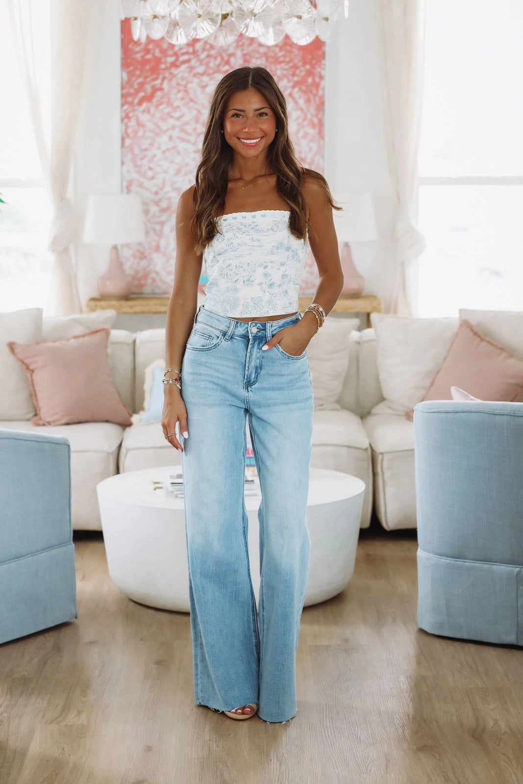 summer top Charlotte Strapless Floral  Crop Top - Light Blue and White