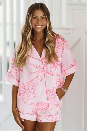 EcoFriendly Manufacturing ResilientStretch Cheetah Button Down Pajama Top - Pink