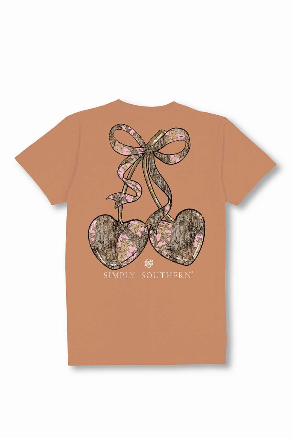 Slim fit clothing Simply Southern Plus Size Camo Bow Cherries T-Shirt for Women in Chestnut | EXT-SS-CAMOCHRY-CHSTNT