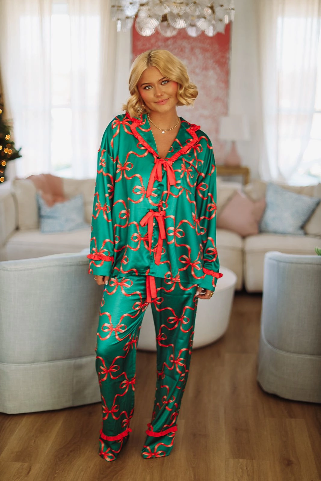 NeutralPalette Reflective Safety Trim Christmas Present Pants and Top Pajama set - Green and Red