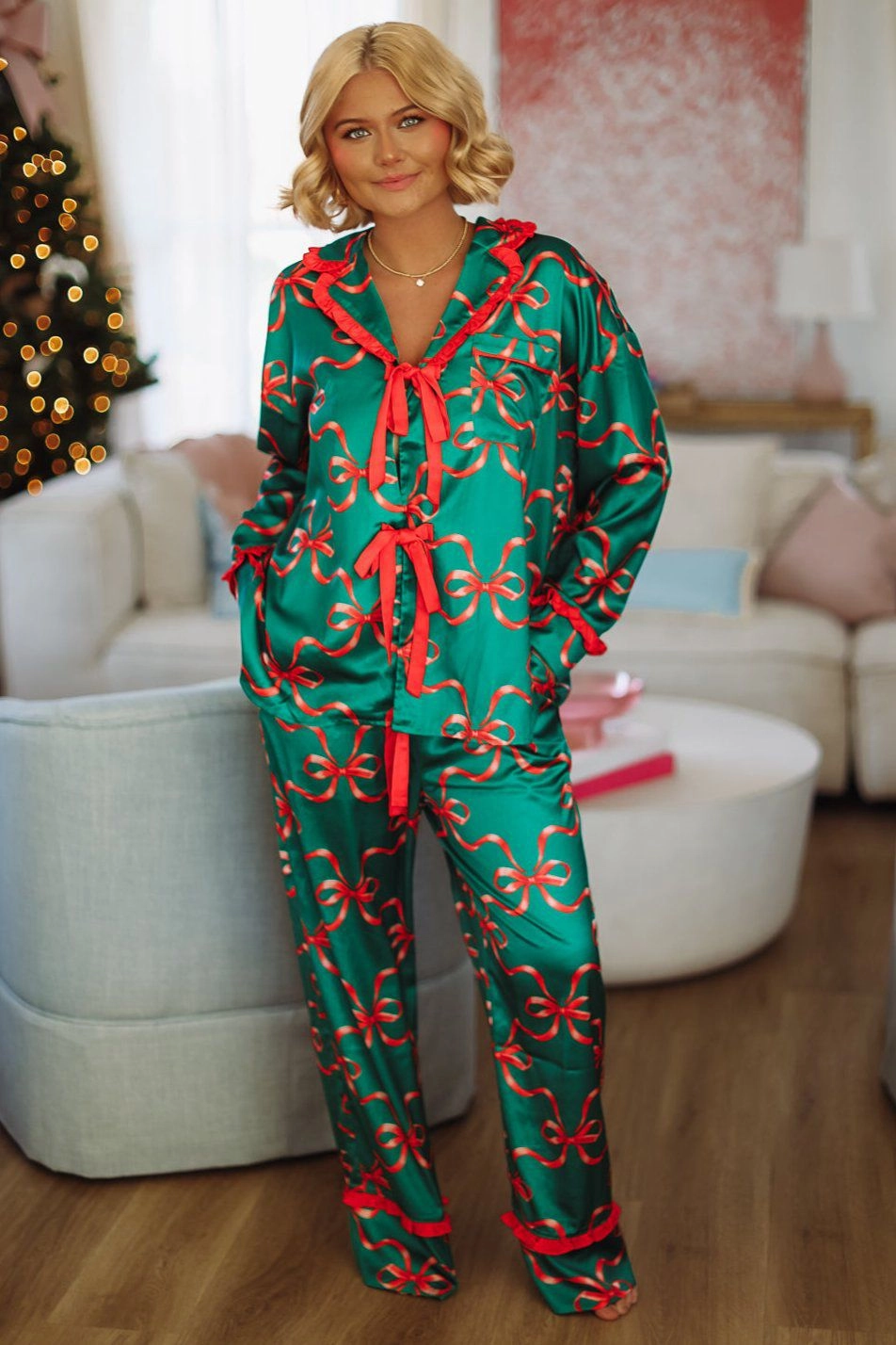 wrinkle free finish Biodegradable Fiber Blend Christmas Present Pants and Top Pajama set - Green and Red
