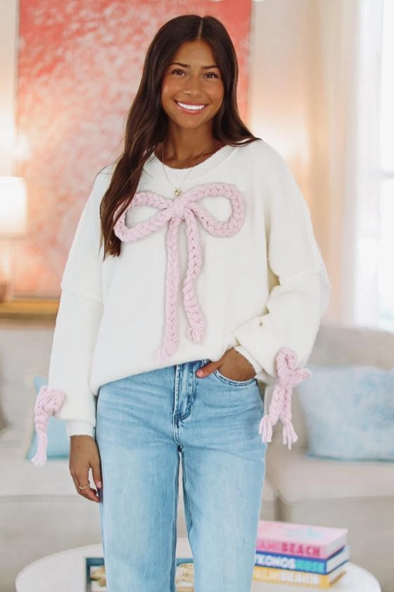 DoubleStitched Hem Clara's Bow Sweater - Cream