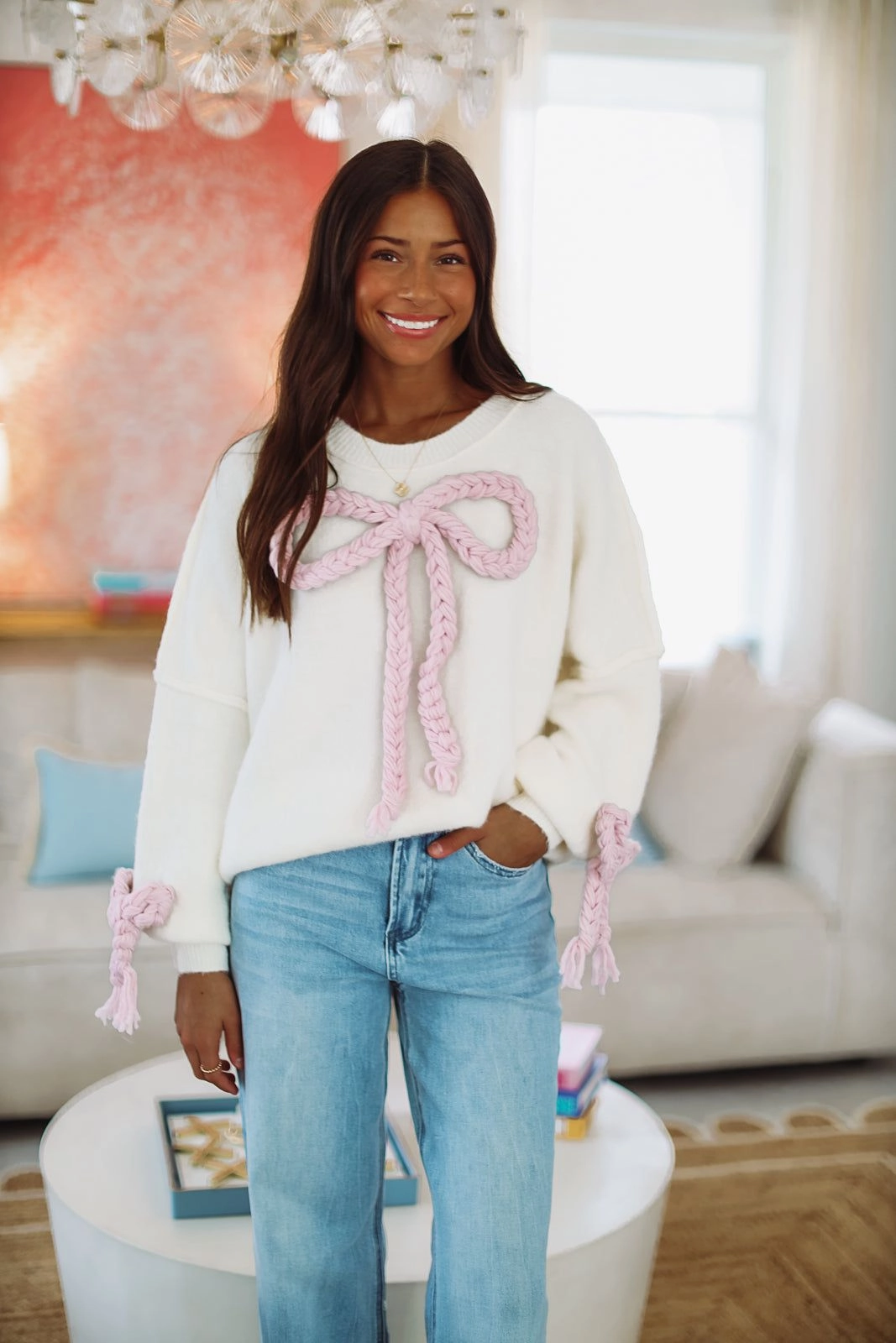 Clara's Bow Sweater - Cream Tapered Side Panels Midweight Texture