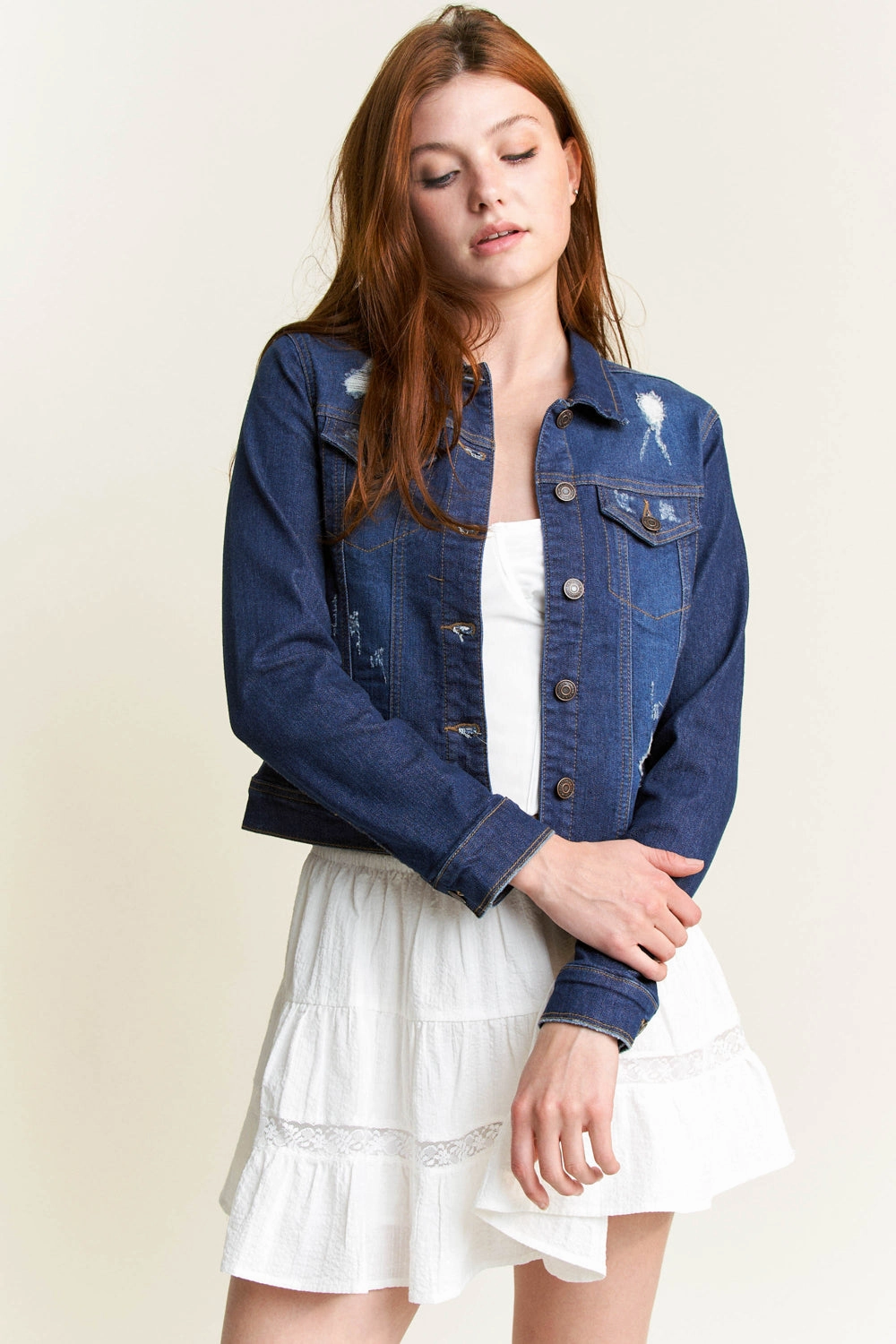Classic Destructed Denim Jacket Velcro Fasten