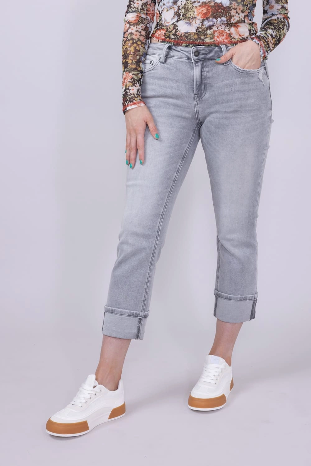 Office Casual Travel Outfit Professional Wear Mica Mid Rise Cuffed Straight Jeans for Women in Grey | MDP-T3385