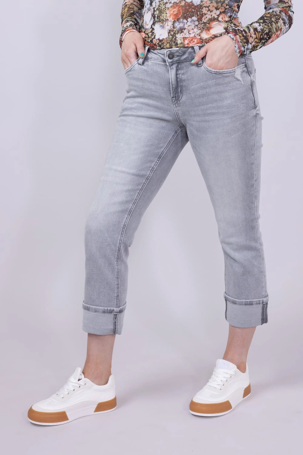 Mica Mid Rise Cuffed Straight Jeans for Women in Grey | MDP-T3385 Luxury Minimalist Casual Element