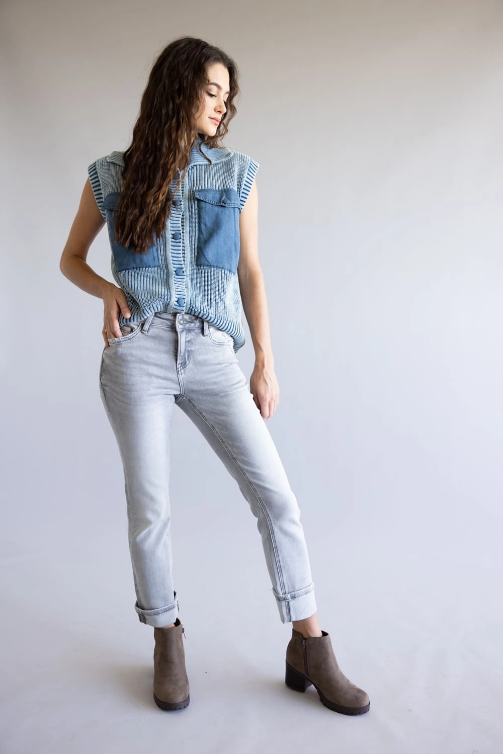 Mica Mid Rise Cuffed Straight Jeans for Women in Grey | MDP-T3385 abrasion resistant coating