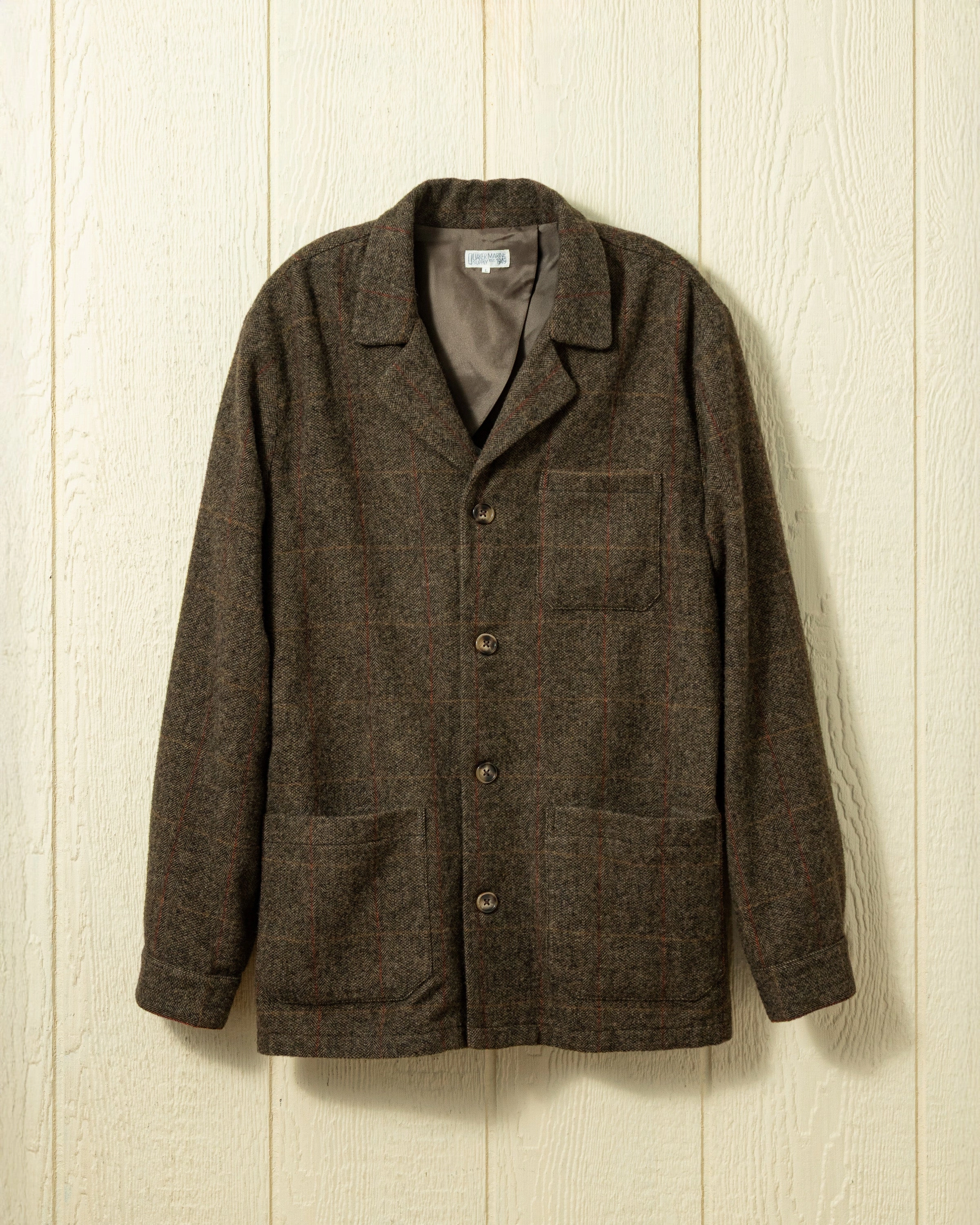 Classic Fit Reinforced Shoulder Padding Camelhair Loafer Jacket in Grey/Khaki Autumnal Windowpane