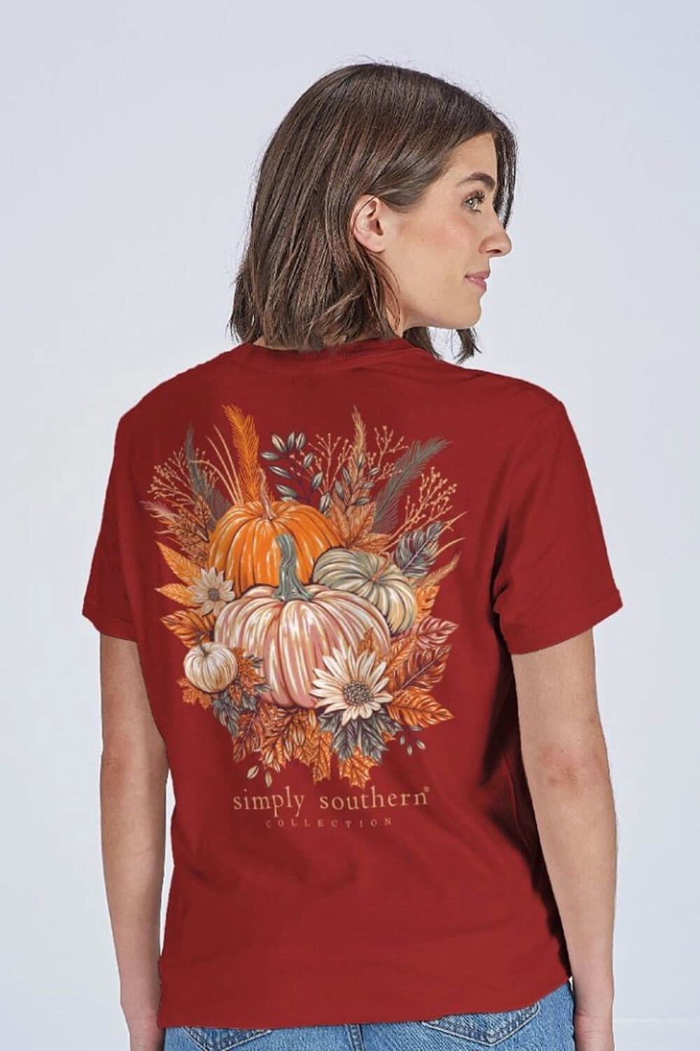 Drop Shoulder Design Simply Southern Fall Pumpkin Harvest T-Shirt for Women in Carmine | SS-HARVEST-CARMINE