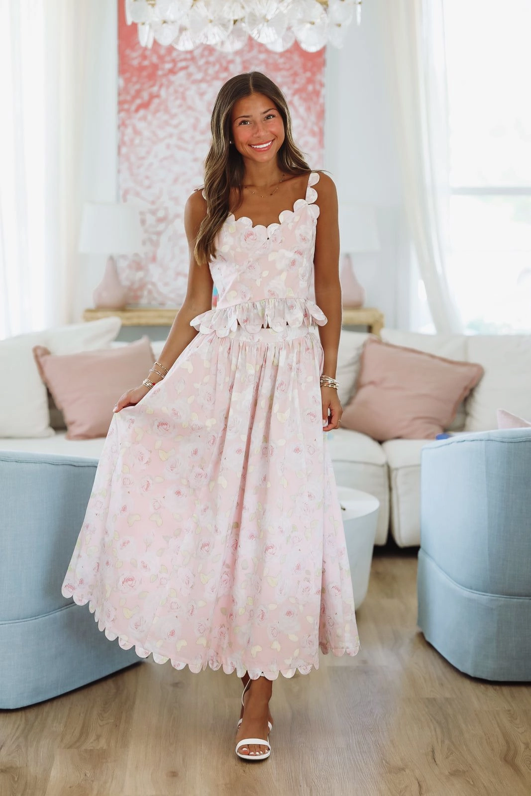 ribbed texture DoubleLayeredCollar Harbor Breeze Top and Midi Skirt Set - Pink