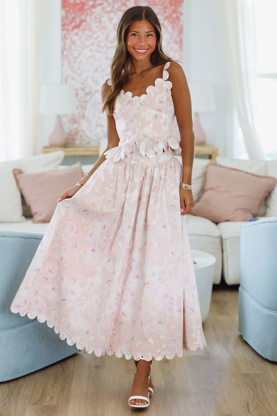 Harbor Breeze Top and Midi Skirt Set - Pink High Collar Design