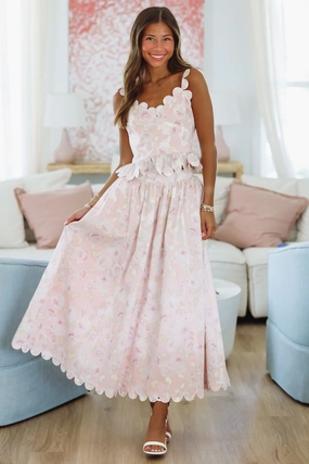 Harbor Breeze Top and Midi Skirt Set - Pink High Collar Design