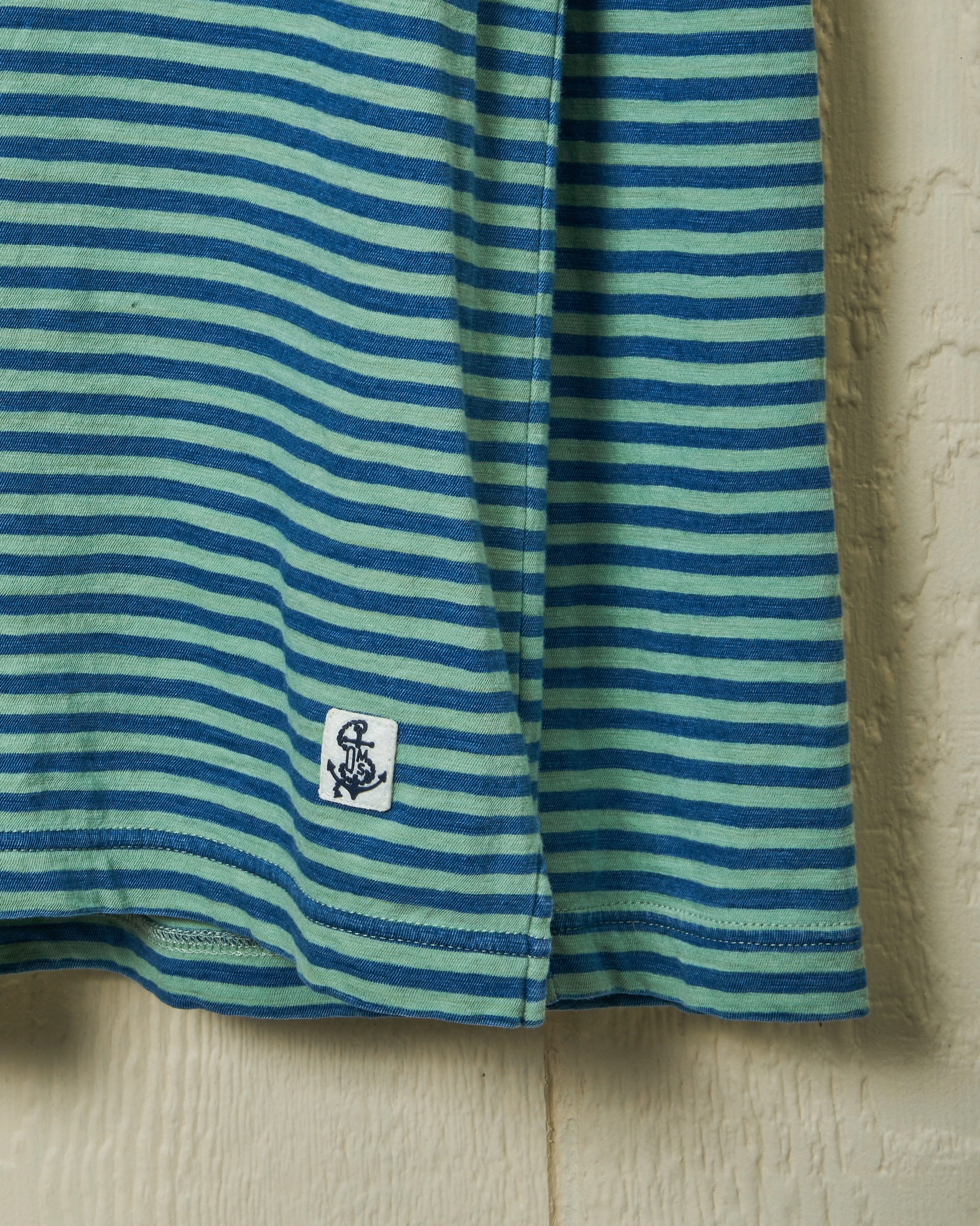 Long Sleeve Indigo Polo in Faded Spruce/Navy Even Stripe Comfy Apparel