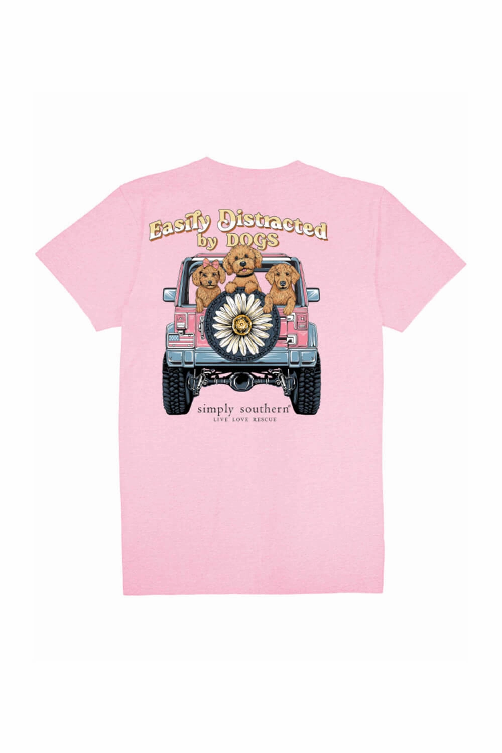 Simply Southern Easily Distracted By Dogs T-shirt for Women in Pink | SS-EASILY-FANCYCANDY Tear Resistant Foam Print Detail