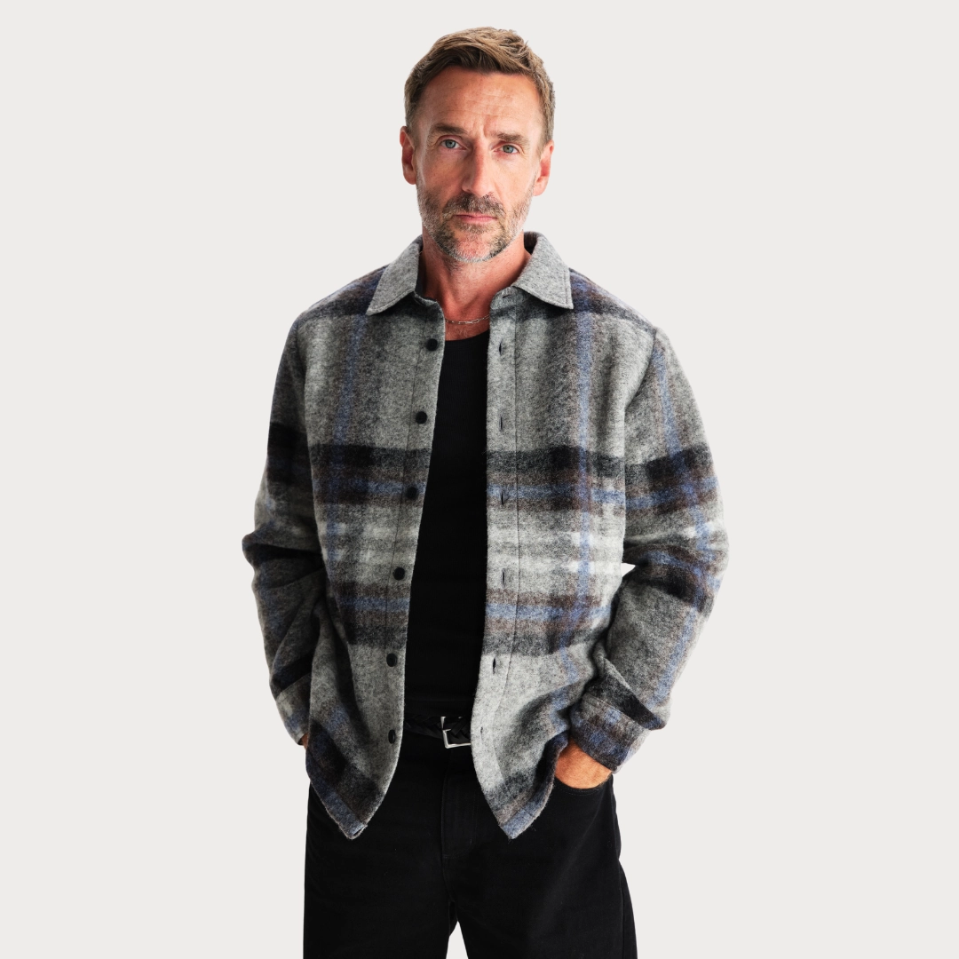 Nolan Overshirt Wool Check (Grey   Blue) ElasticCuffs Ergonomic Shoulder Design