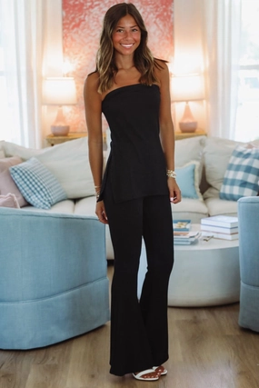 SoftTouchFinish Hidden Button Placket Chilly Top and Pant Set -  Black