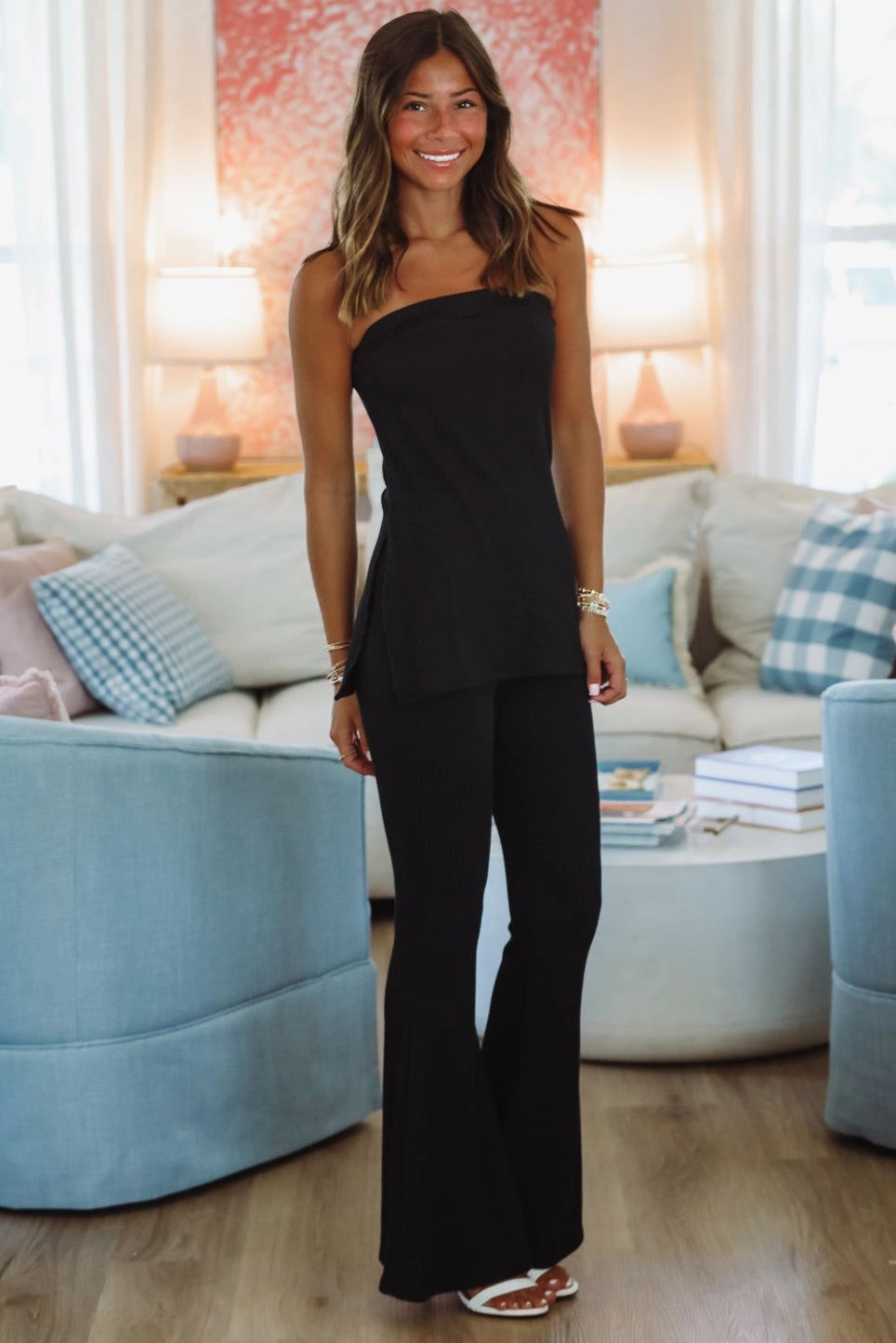 SoftTouchFinish Hidden Button Placket Chilly Top and Pant Set -  Black