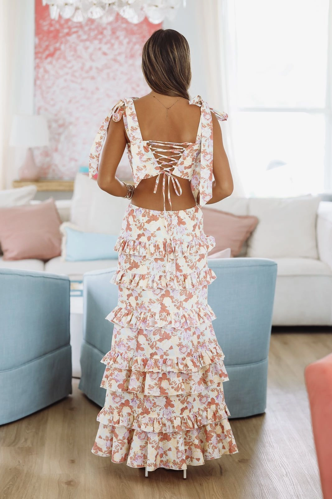 WaffleWeave Spring Muse Print Crop Top - Coral