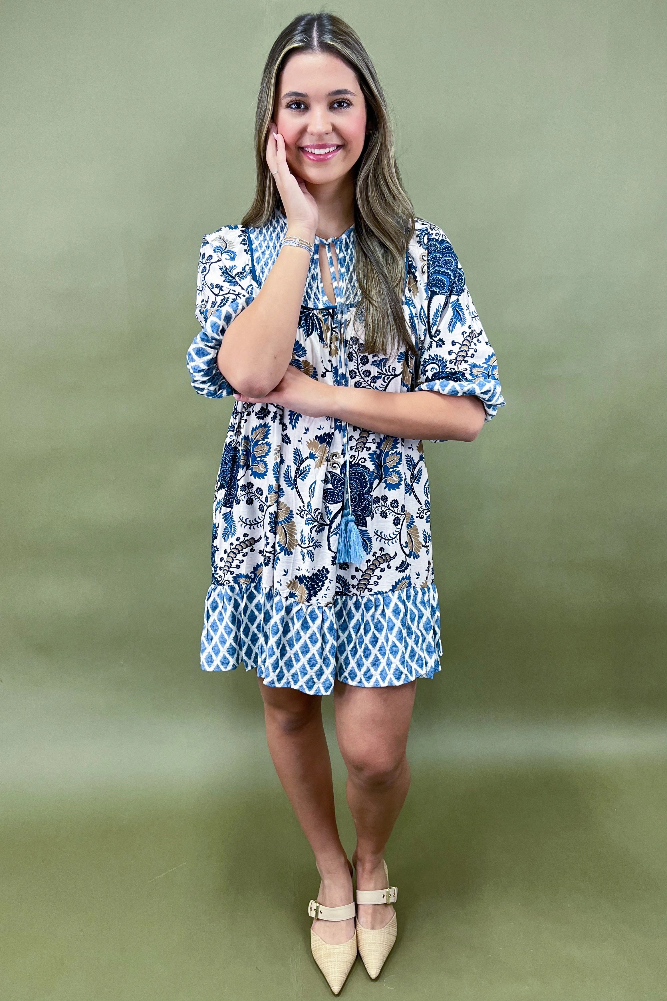 Azure Blooms Tasseled Mini Dress Breathable Comfort Wear Contrast-Piping