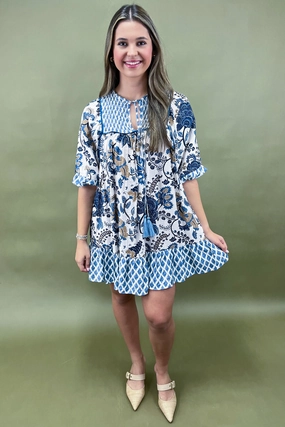 Azure Blooms Tasseled Mini Dress Comfy Fit