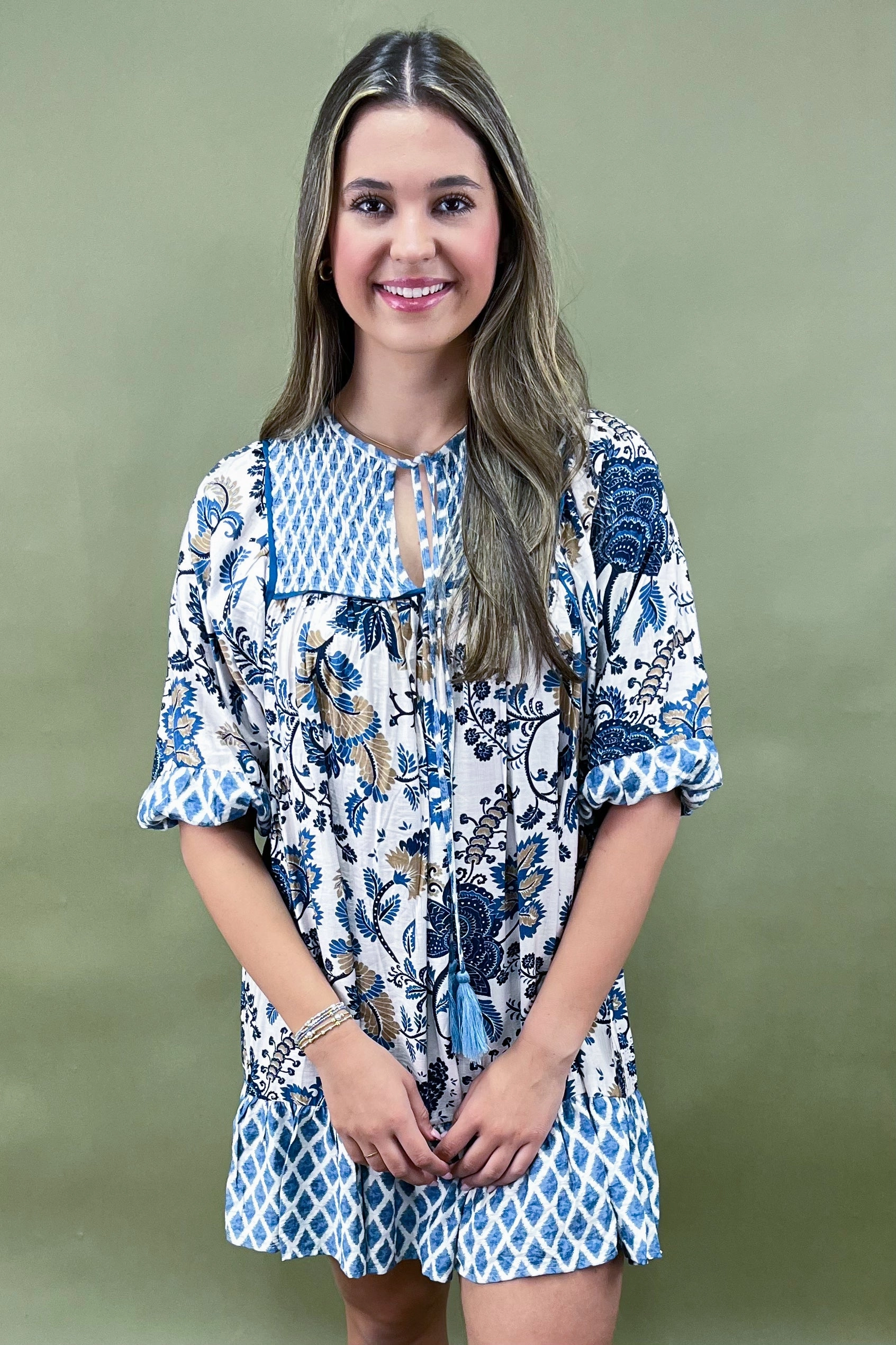 Clean Grace Azure Blooms Tasseled Mini Dress