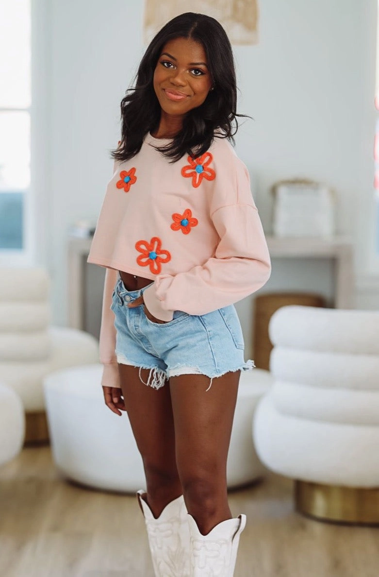 Corded Flower Patch Crop Sweatshirt - Cream Built In Filter Layer Ultra Soft Handfeel