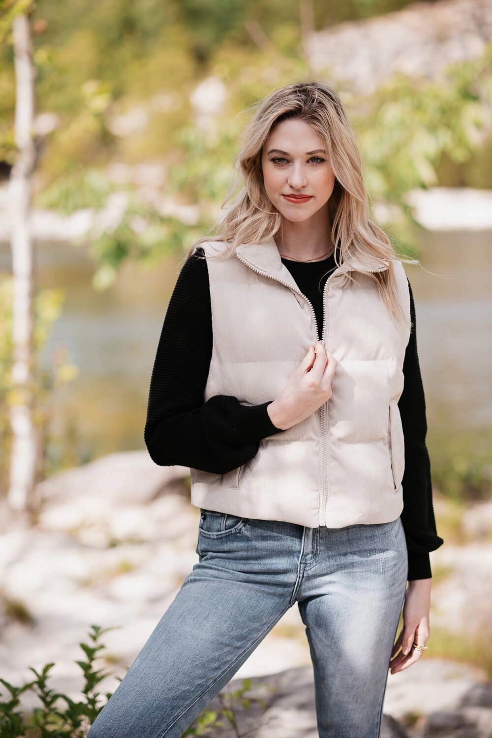 Corduroy Puffer Vest for Women in Sand | H14995A-SAN Detachable Hood AdjustableHood