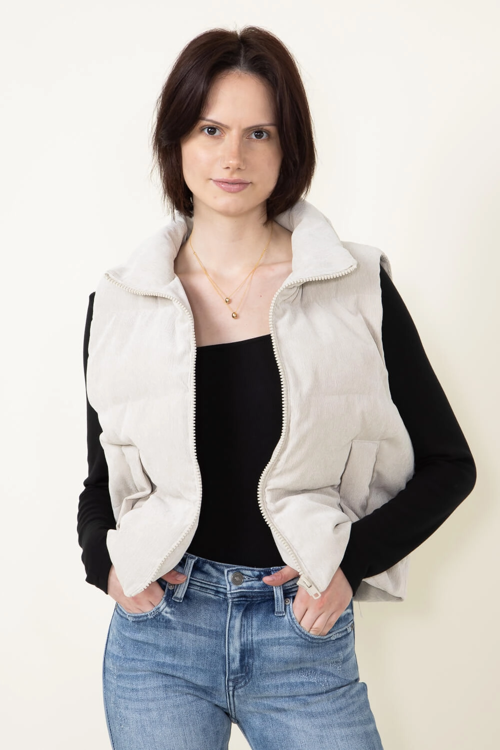 All Day Fit Adjustable Belt Corduroy Puffer Vest for Women in Sand | H14995A-SAN Detachable Hood