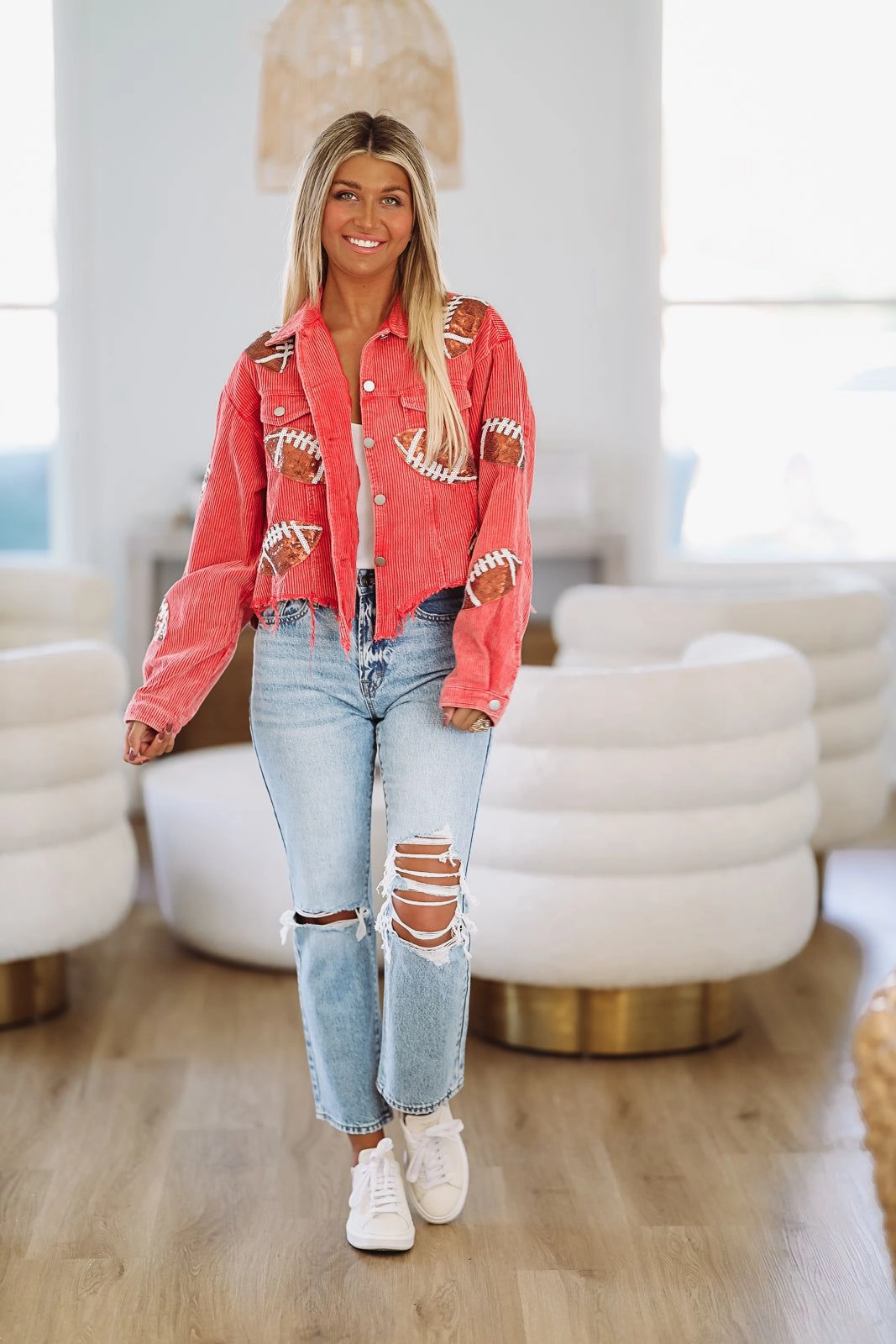 Corduroy Sequin Football Shacket - Red Resilient Fabric Blend