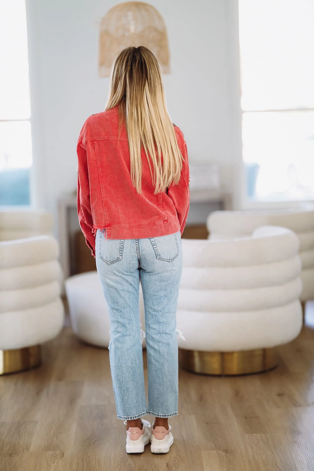 Temperature control BoxyCrop Corduroy Sequin Football Shacket - Red