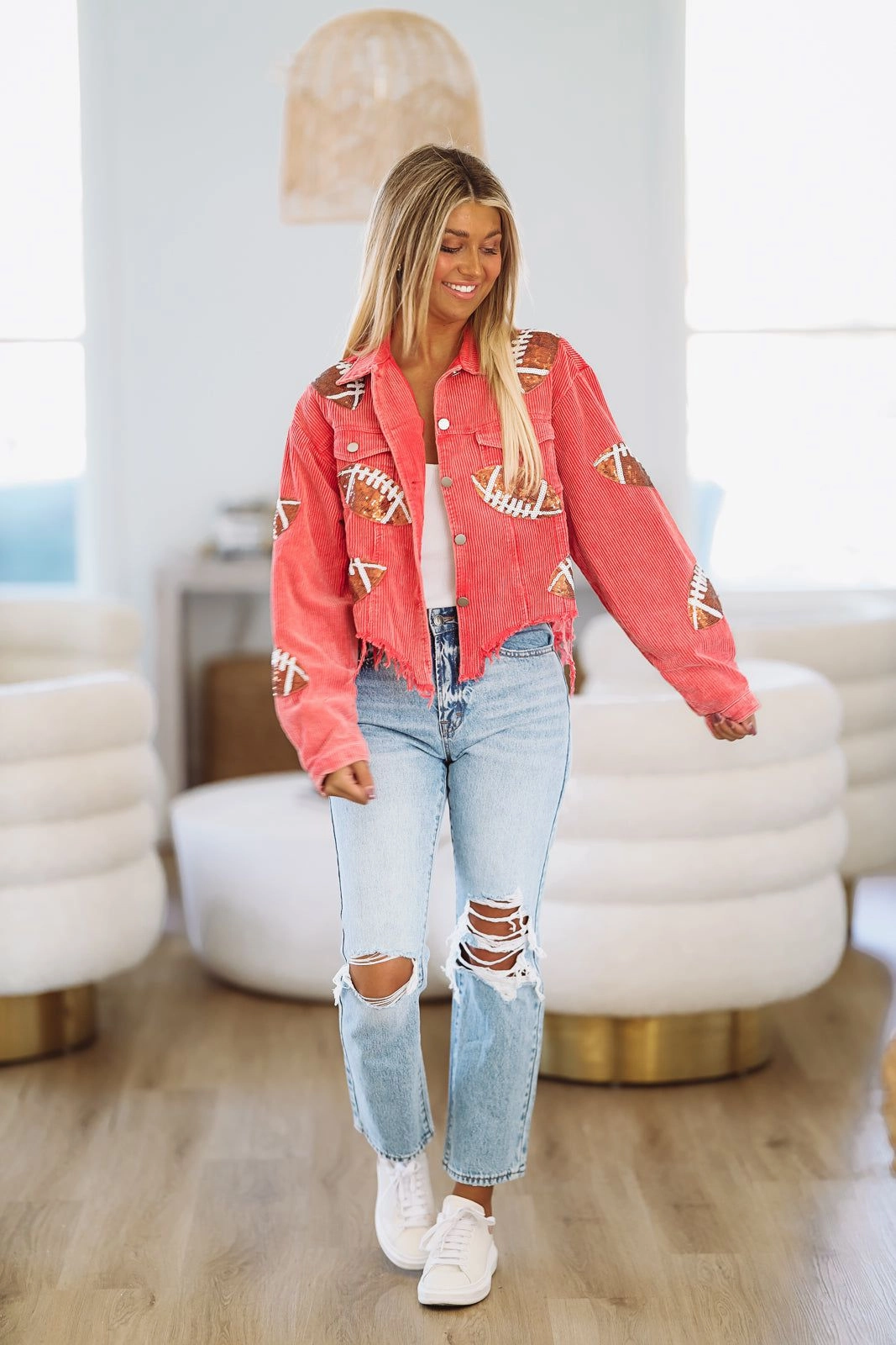 DroppedShoulder Corduroy Sequin Football Shacket - Red