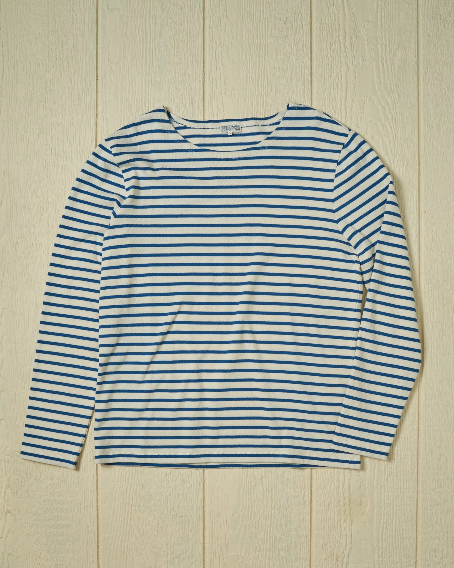 Men??s Breton Stripe Boatneck Tee in Off White/Atlantic Blue All Day Comfort Basic Layering