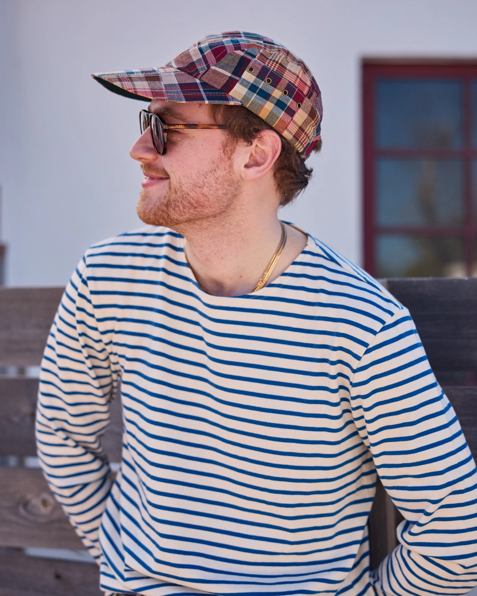 Men??s Breton Stripe Boatneck Tee in Off White/Atlantic Blue Sporty Design Plus Size