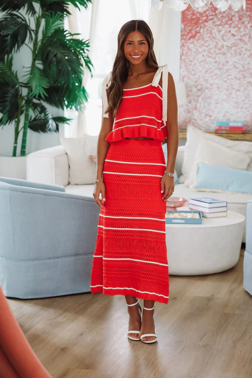 Loving Myself Crochet Knit Midi Skirt - Red and Cream Outfit Focused