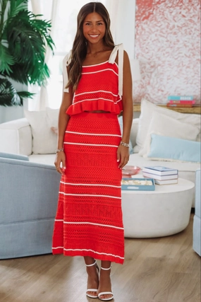 Loving Myself Crochet Knit Midi Skirt - Red and Cream Button Fastenings Smooth Look