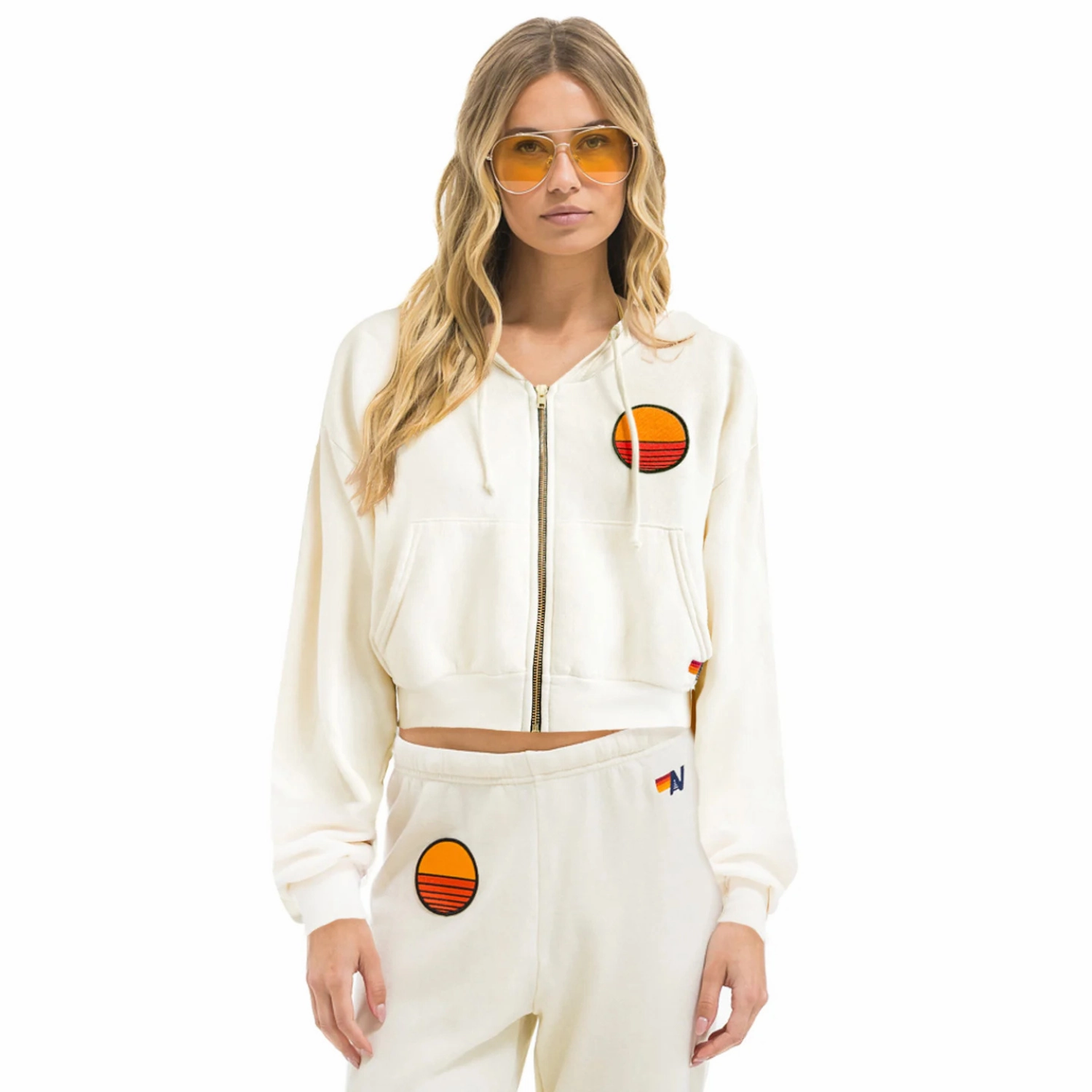 Daily Chic Sunset Patch Relaxed Cropped Zip Hoodie (Vintage White)