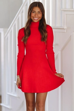 Cozy In Knit Sweater Mini Dress - Red Cozy Fit Stretch Weave Construction